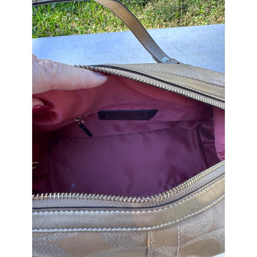 Coach Gold Metallic Signature Jacquard Satchel Bag With Double Handles - Picture 5 of 11